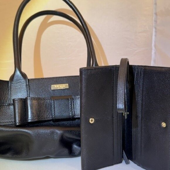 Kate Spade Large Black Leather Bow Handbag w/wristlet - Picture 4 of 4